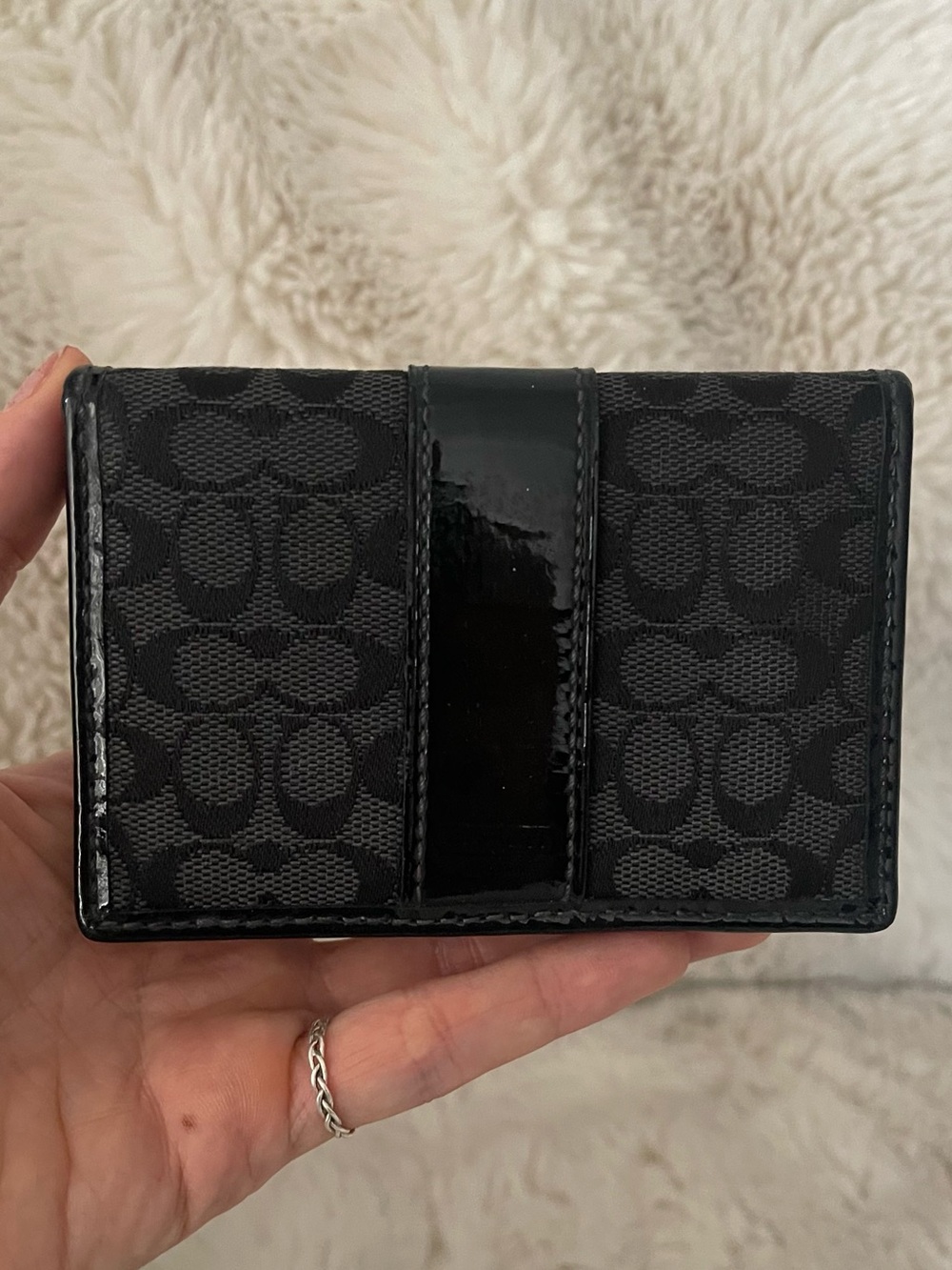 Coach Signature Black Grey Canvas Foldover Card Case ID Wallet